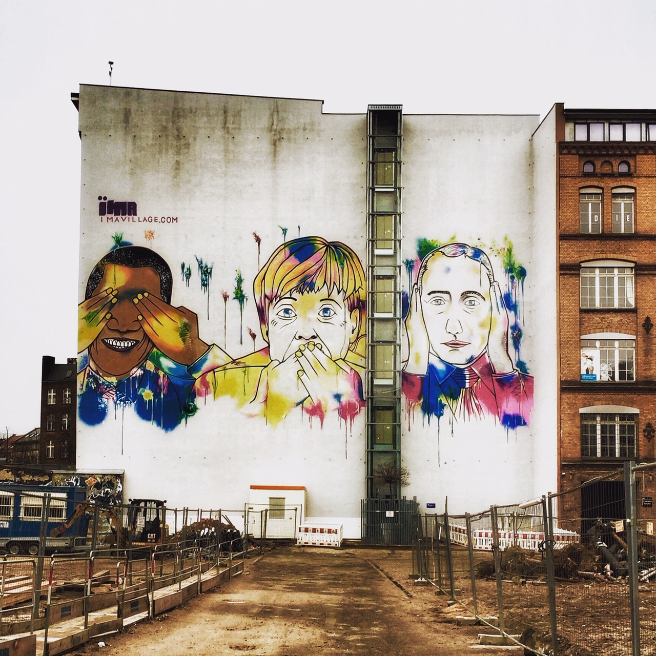 Streetart großes Wandbild Obama, Merkel, Putin