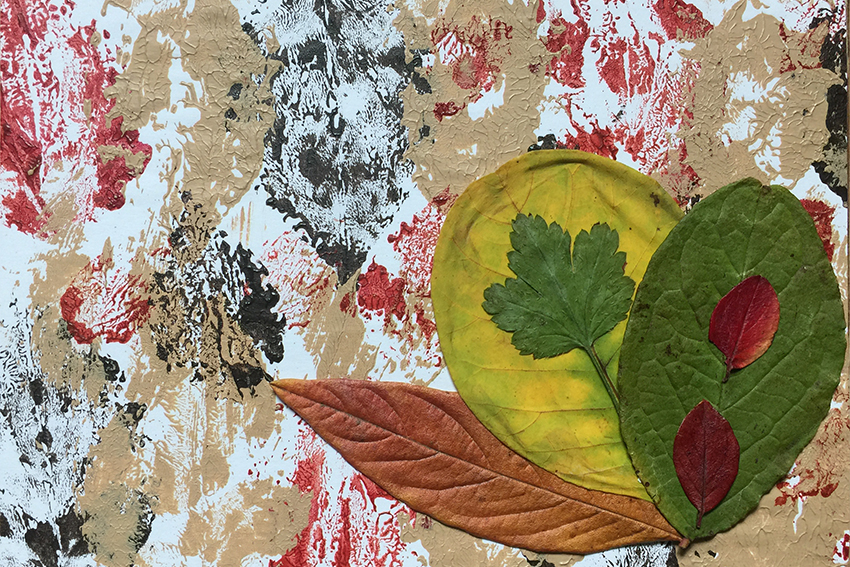 Postkarte That's me Katrin Laumeier gestempelte Blätter und reale aufgeklebte Blätter