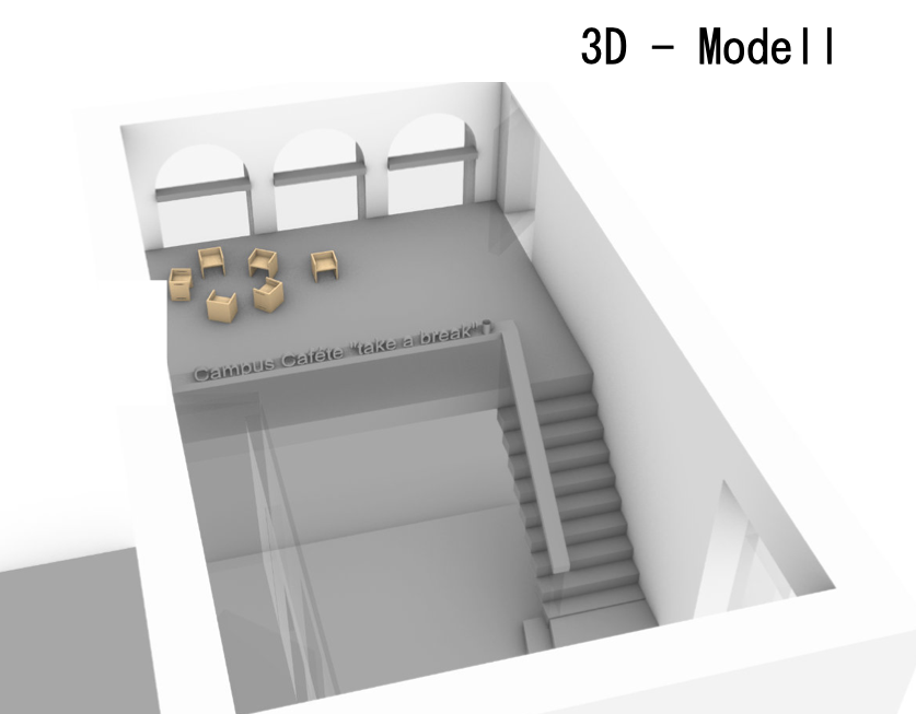 Raumvisualisierung 3D Modell mit Treppe und Stühlen