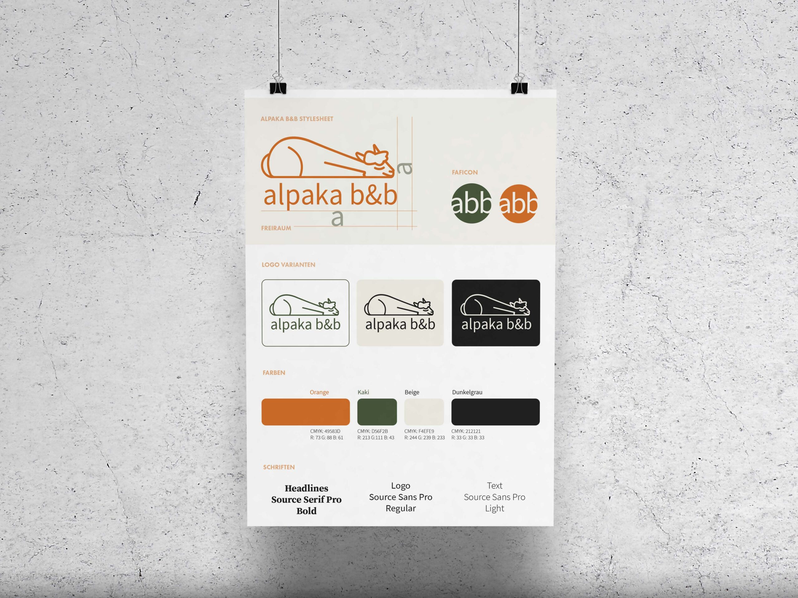 Mockup Poster mit Logobeispielen, Farben und Schriften, Alpaka Logo