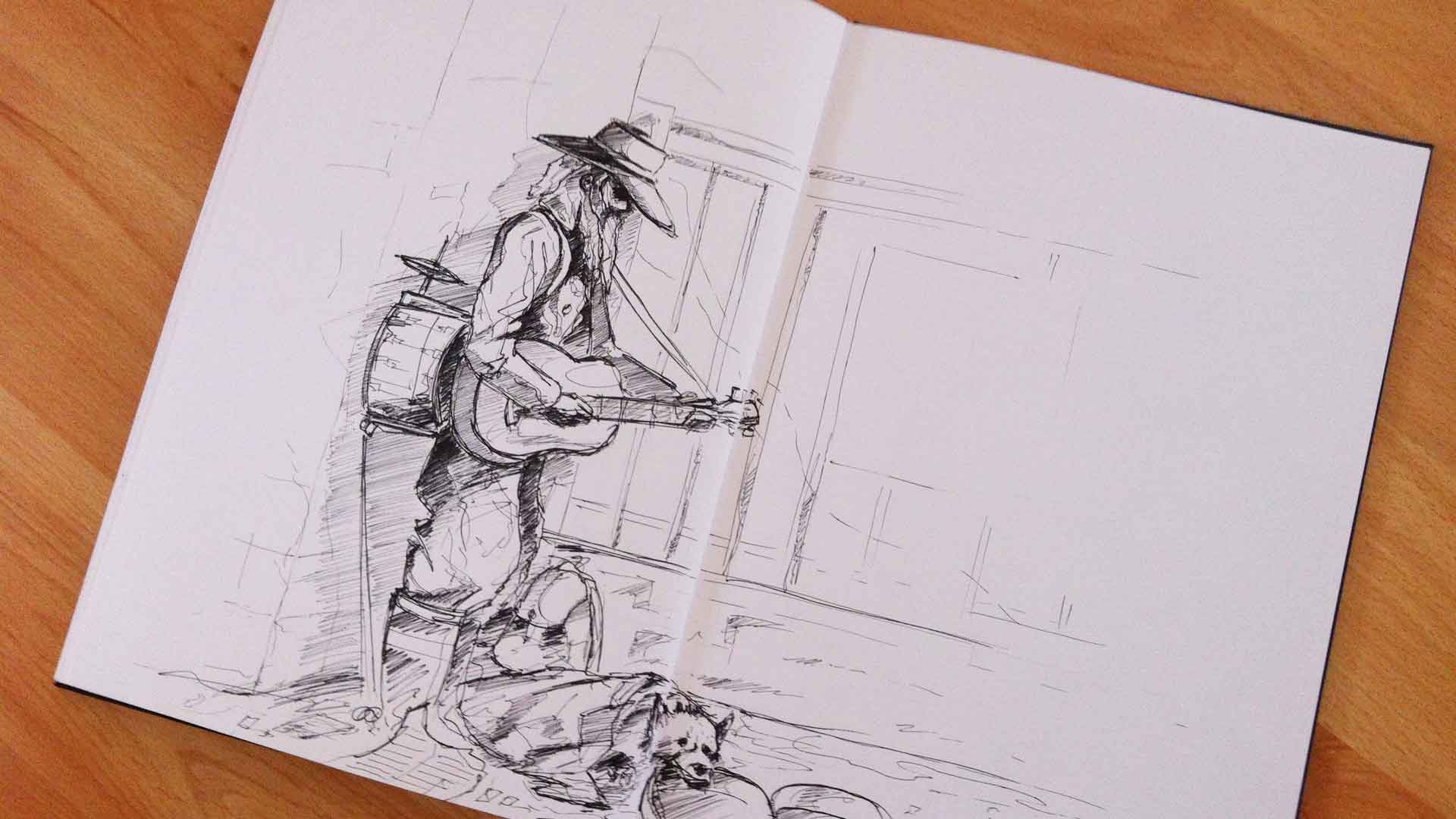 Fineliner Art, Gitarrist mit Hund auf Straße