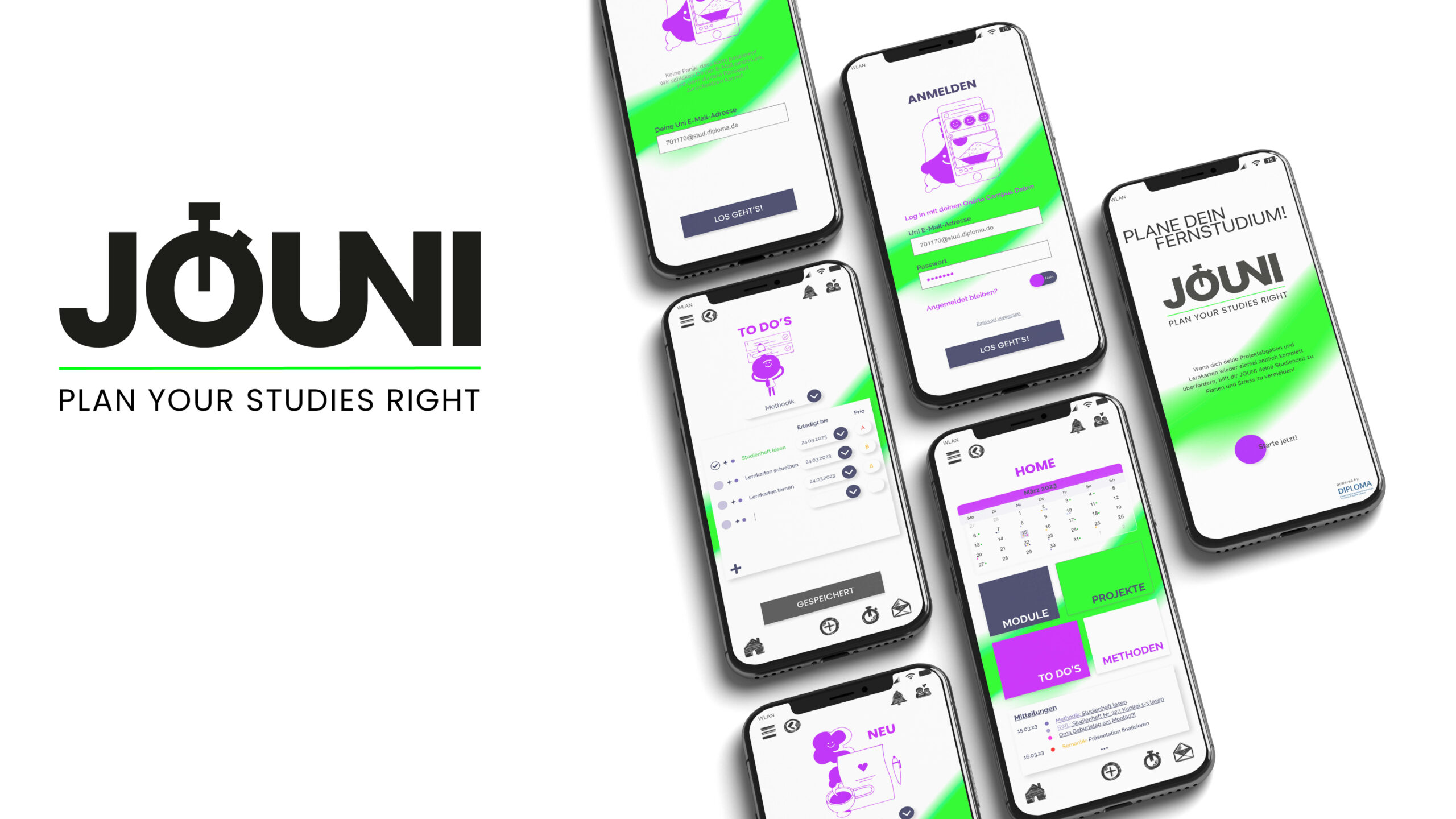 JOUNI Logo und Mobiltelefone mit unterschiedlichesn Screens aus der App