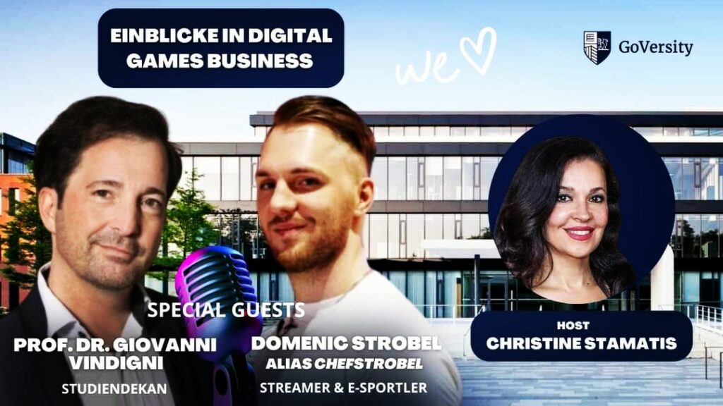 Prof. Vindigni, Streamer Chefstobel und Christine Stmatis sprechen über Digital Games Business / GoVersity