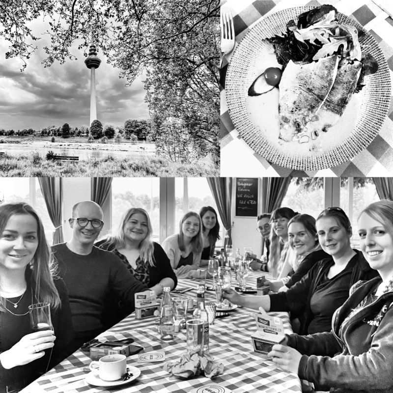 schwarz weiß Collage: Studierende beim gemeinsamen Abendessen, Turm in Mannheim, Teller mit Speisen von oben
