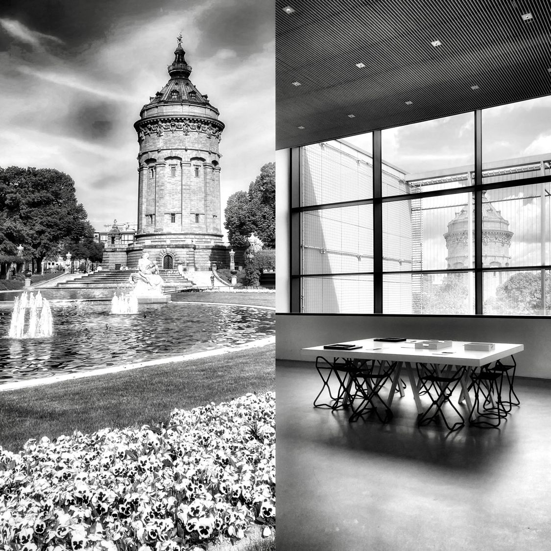 schwarz weiß Bild Collage, Turm in Mannheim mit Blumenbeet und Tisch Innenaufnahme eines Tisches