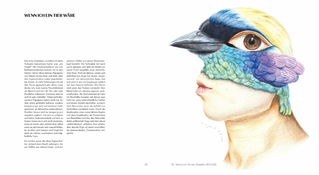 Illustration Frauenkopf mit Vogelkopf kombiniert